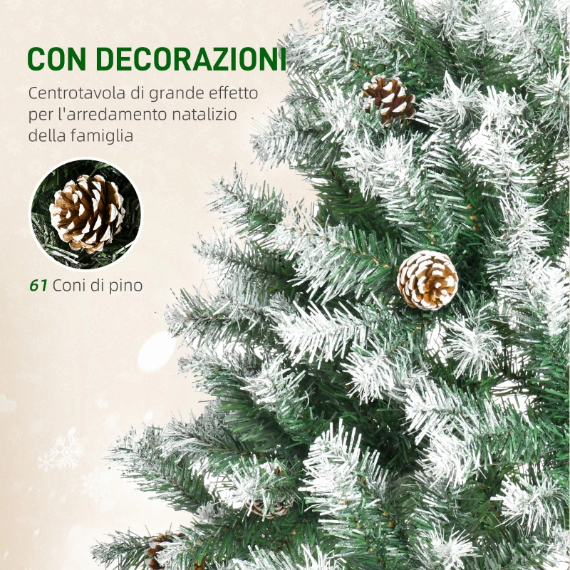 HOMCOM Albero di Natale Artificiale Innevato 180cm con 800 Rami e Pigne, Apertura Automatica e Base Pieghevole, Verde