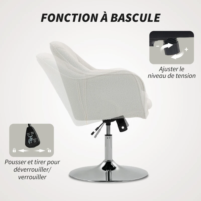 HOMCOM Fauteuil de salon, chaise pivotant à hauteur réglable, fonction de bascule, coussin rembourré, 61 x 64 x 80-92 cm, blanc