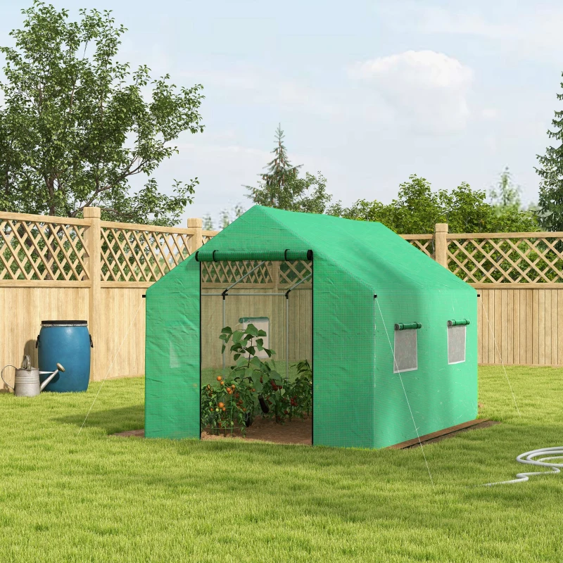 Outsunny Serre de jardin tunnel 2 x 3m, 6m² avec porte enroulable, 4 fenêtres, - Acier galvanisé PE Haute densité Vert