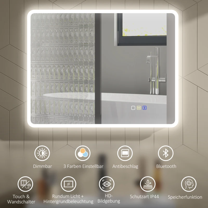 HOMCOM LED-badkamerspiegel met Bluetooth 70 x 90 cm, aanraakschakelaar, verstelbaar licht, 3 kleuren, anti-condens, geheugen, zilver