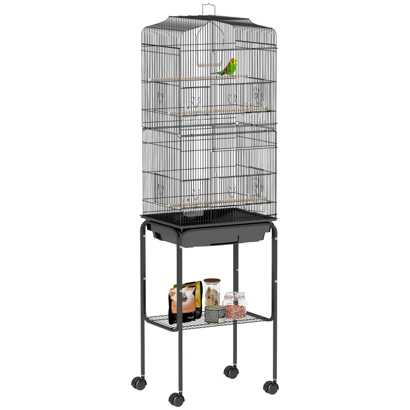 PawHut Bird Cage for Finch Budgie Cage with Stand Wheels, Slide-out Tray, Accessories, Storage Shelf, Black 46.5 x 36 x 157 cm