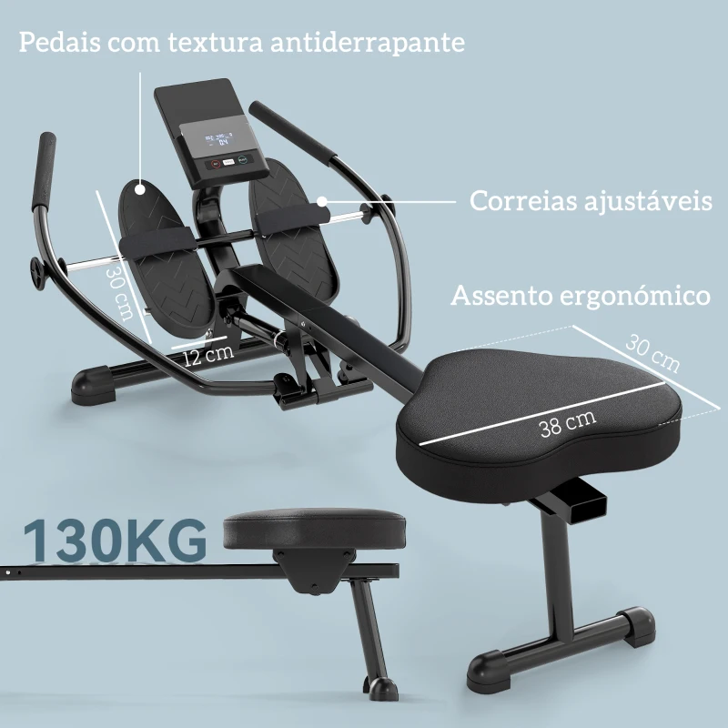 SPORTNOW Máquina de Remo para Casa 12 Níveis de Resistência Hidráulica e Ecrã LCD 138x62x50 cm Preto