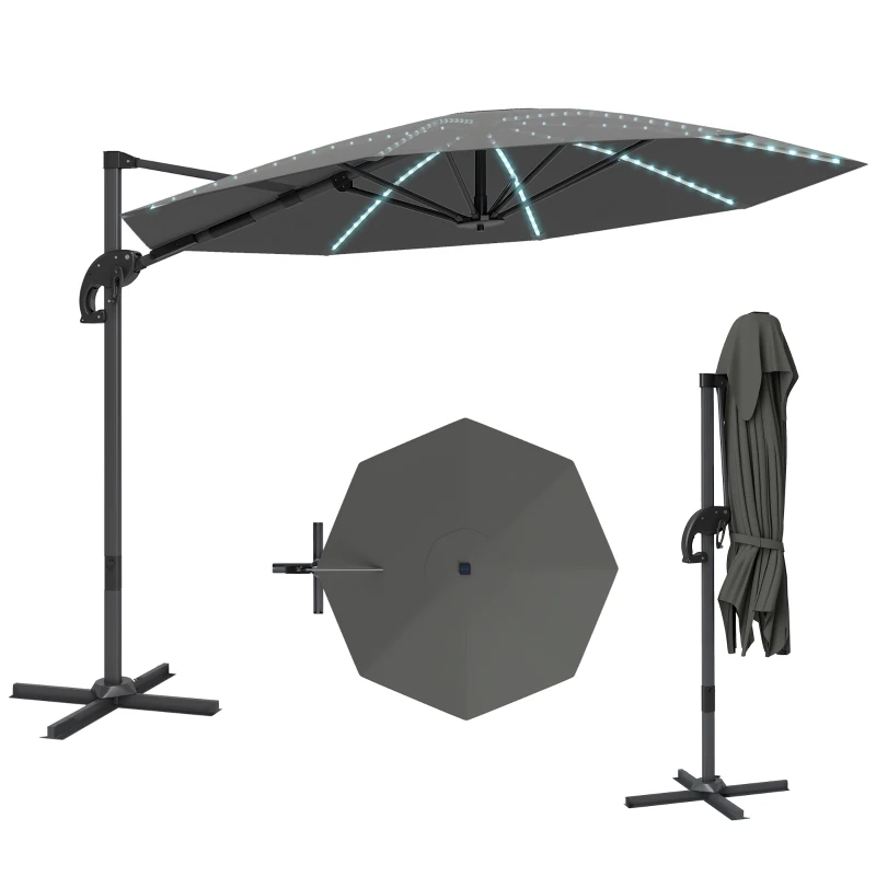 Outsunny 3(m) Cantilever Garden Parasol with Solar Powered Lights, Crank Handle & Cross Base, UPF 50+, 360° Rotation, Dark Grey