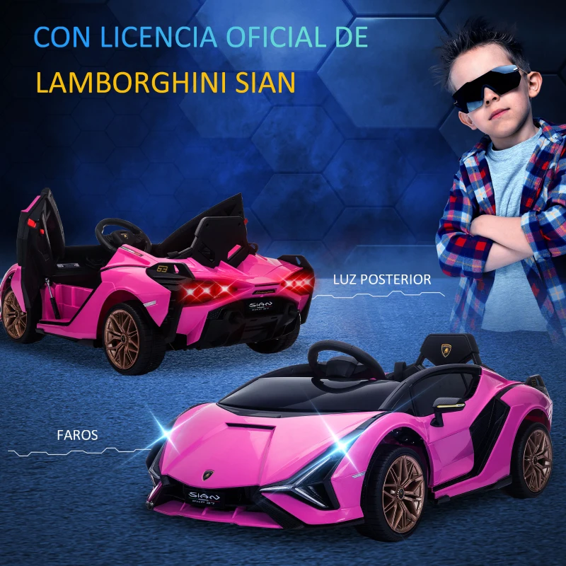 HOMCOM Coche Eléctrico para Niños de +3 Años Lamborghini SIAN Coche de Batería 12V con Mando a Distancia Apertura de Puerta Música MP3 USB y Faros 3-5 km/h 108x62x40 cm Rosa