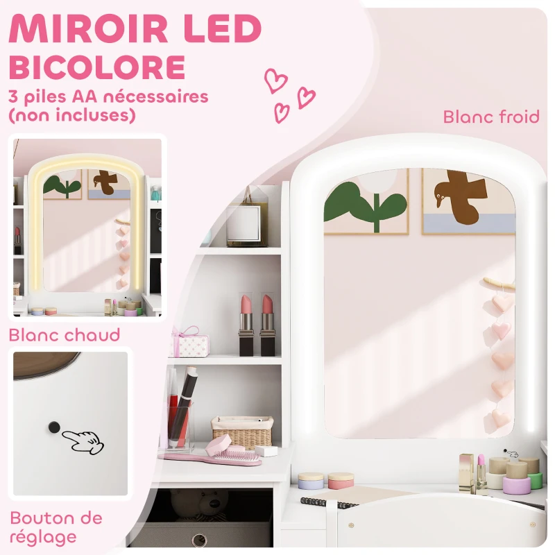 AIYAPLAY Coiffeuse pour enfants avec tabouret et miroir LED, table de maquillage pour 3 à 8 ans, 104 x 40 x 112 cm, blanc