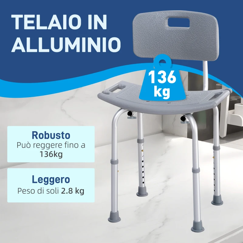 HOMCOM Sedia da Doccia per Bagno in Alluminio e Plastica Altezza Regolabile 8 Livelli 71-88cm Piedini Antiscivolo