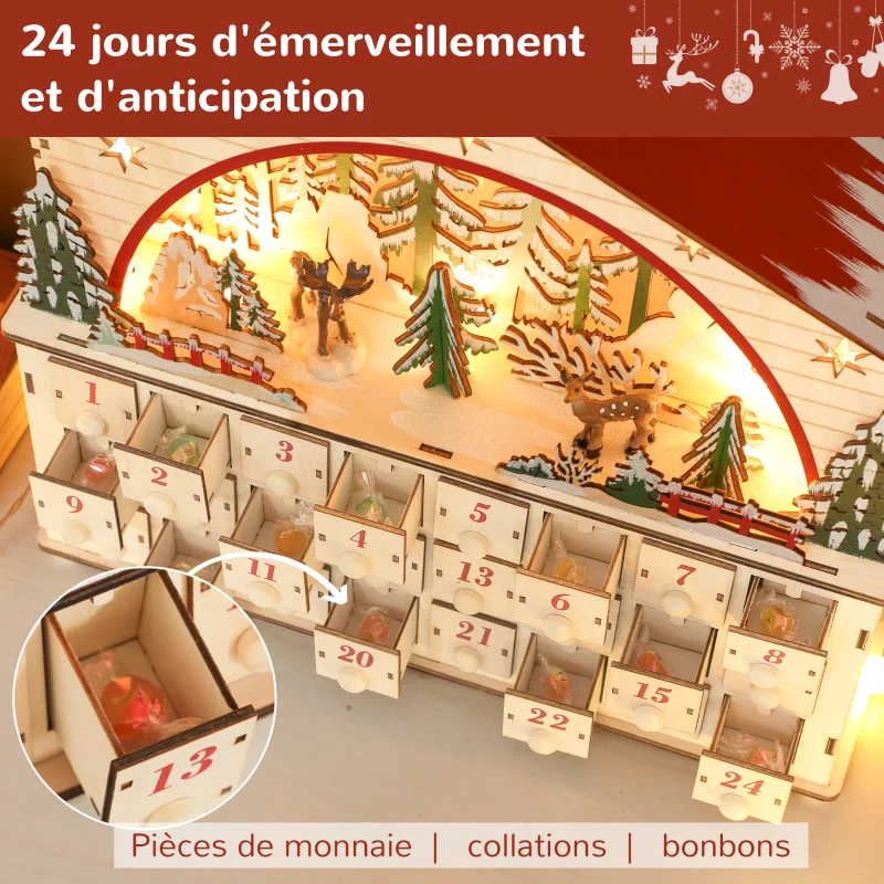 HOMCOM Calendrier de l'Avent lumineux, calendrier de l'Avent à remplir, 24 tiroirs, scène de village, 36x10x34cm, bois naturel