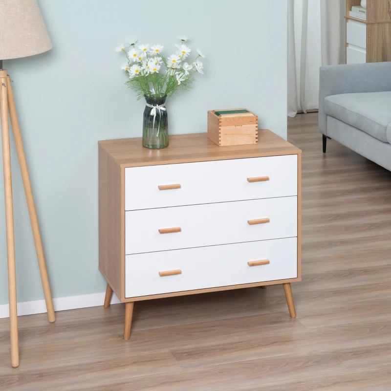 HOMCOM Commode Design scandinave sur Pieds 3 tiroirs coulissants Pieds effilés inclinés Panneaux Particules Blanc Aspect Bois Clair