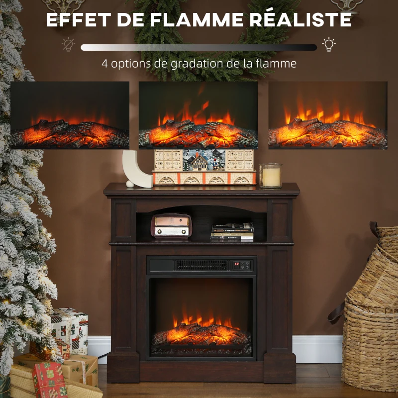 HOMCOM Cheminée électrique effet flammes LED luminosité réglable avec télécommande - 1800 W - 80,5 x 32,3 x 80,5 cm