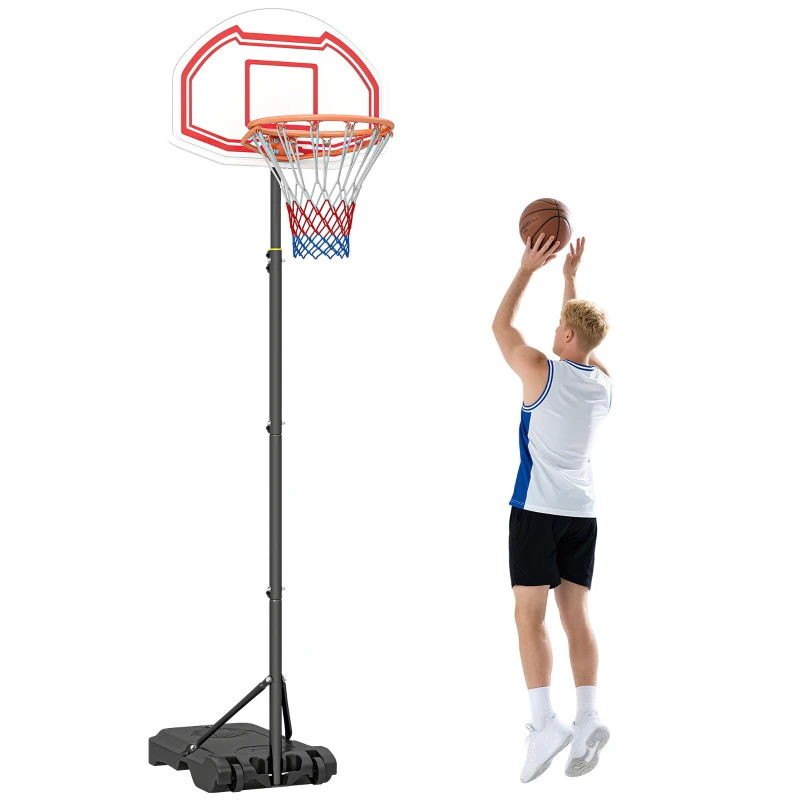 HOMCOM Panier de basket extérieur avec poteau panneau, base de lestage sur roulettes hauteur réglable 2,1-2,6 m (panier) - noir blanc et rouge