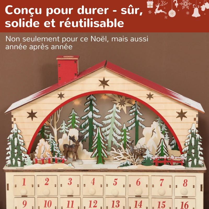 HOMCOM Calendrier de l'Avent lumineux, calendrier de l'Avent à remplir, 24 tiroirs, scène de village, 36x10x34cm, bois naturel