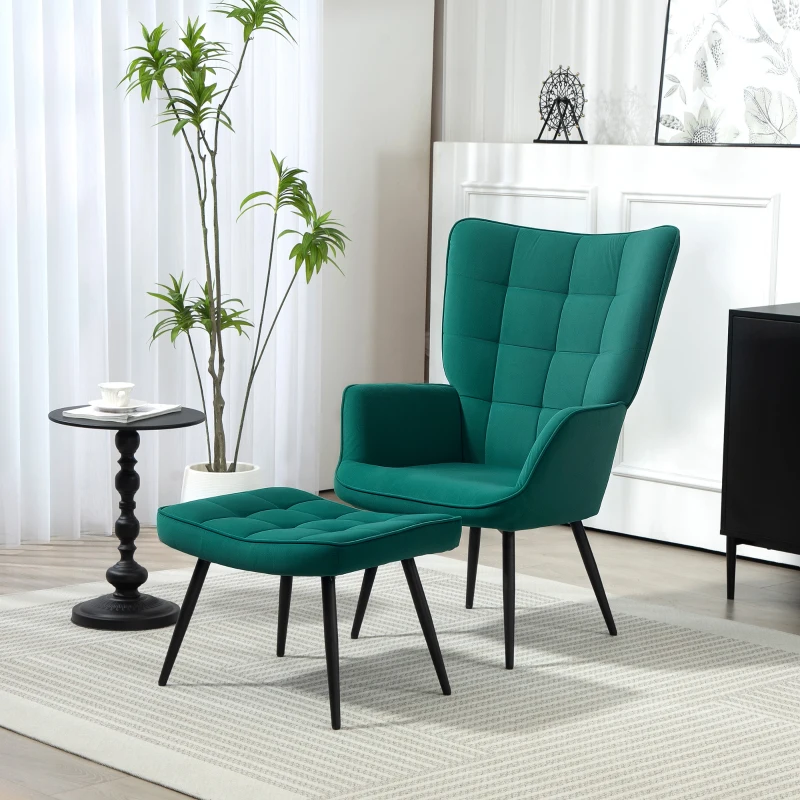 HOMCOM Fauteuil relax avec repose-pieds assorti style scandinave piètement métal noir revêtement aspect velours - Vert