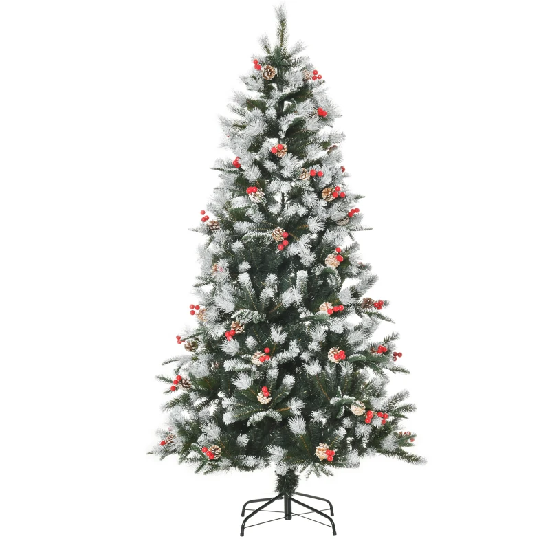 HOMCOM Albero di Natale Innevato 180cm con Bacche Rosse e Pigne Bianche, Base Rimovibile Pieghevole, 678 Rami, Verde