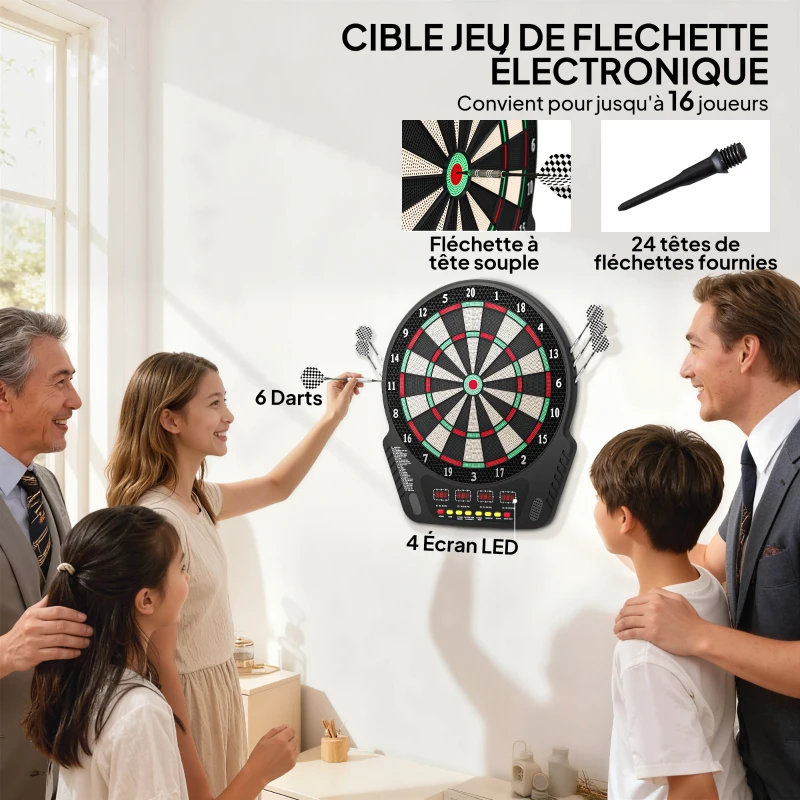 HOMCOM Cible Jeu de flechettes électronique Professionnel 27 jeux 243 variations - Fléchettes pour 1 à 16 joueurs, 6 fléchettes et 24 pointes souples, convient pour les fêtes et les soirées de jeu