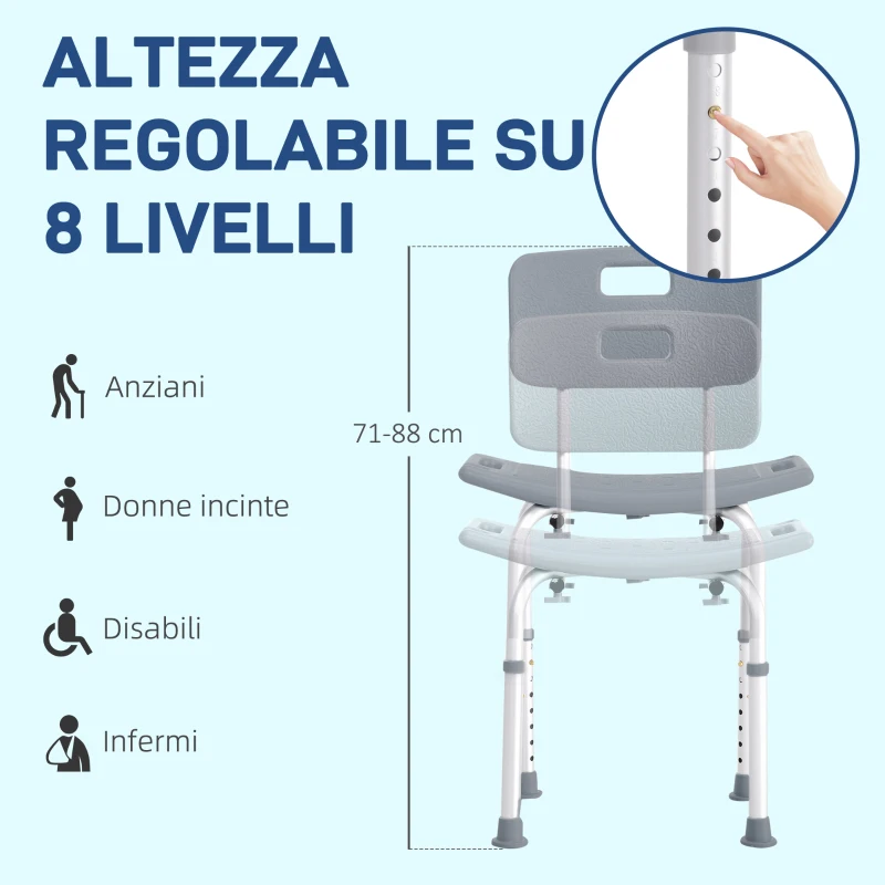 HOMCOM Sedia da Doccia per Bagno in Alluminio e Plastica Altezza Regolabile 8 Livelli 71-88cm Piedini Antiscivolo