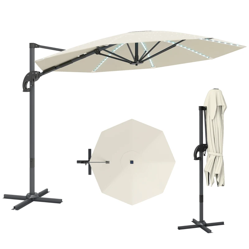 Outsunny 3(m) Cantilever Garden Parasol with Solar Powered Lights, Crank Handle & Cross Base, UPF 50+, 360° Rotation, Cream