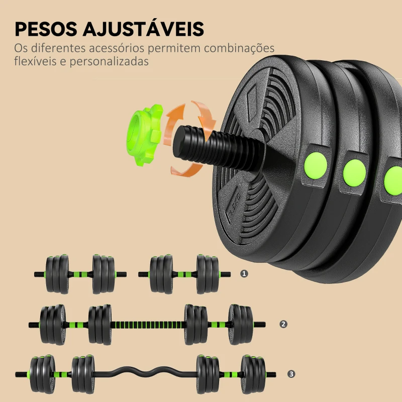 SPORTNOW Conjunto de Halteres Ajustáveis 3 em 1 20 kg Conjunto de Pesos com Barras de Conexão e Pegas Antiderrapantes Verde