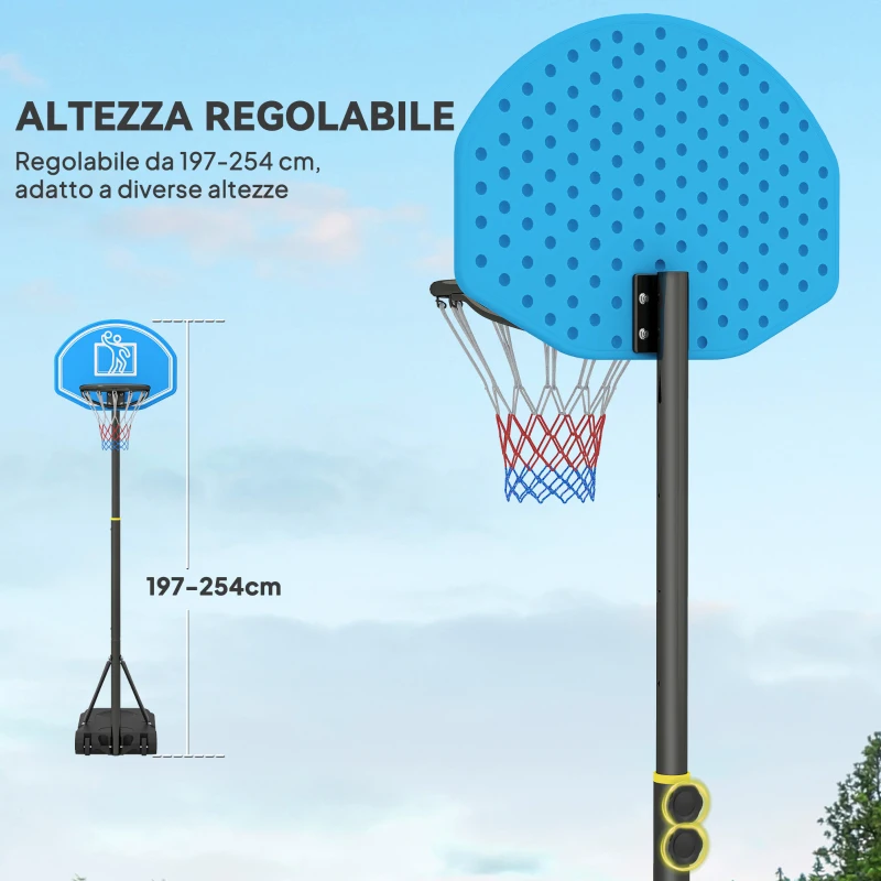 HOMCOM Canestro Basket con Altezza Regolabile 197.5-245cm, Base con Ruote e Tabellone, Blu