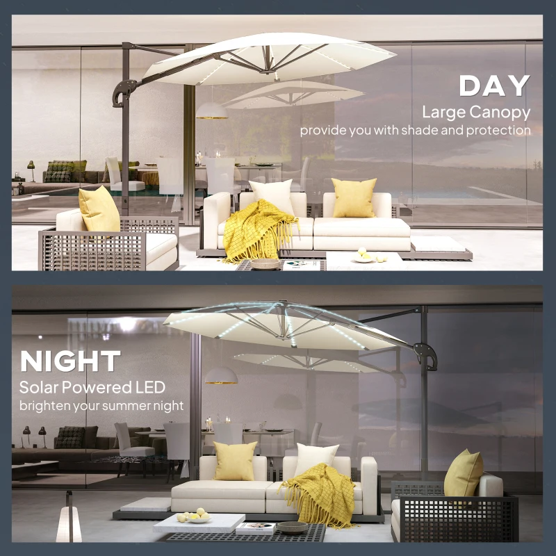 Outsunny 3(m) Cantilever Garden Parasol with Solar Powered Lights, Crank Handle & Cross Base, UPF 50+, 360° Rotation, Cream
