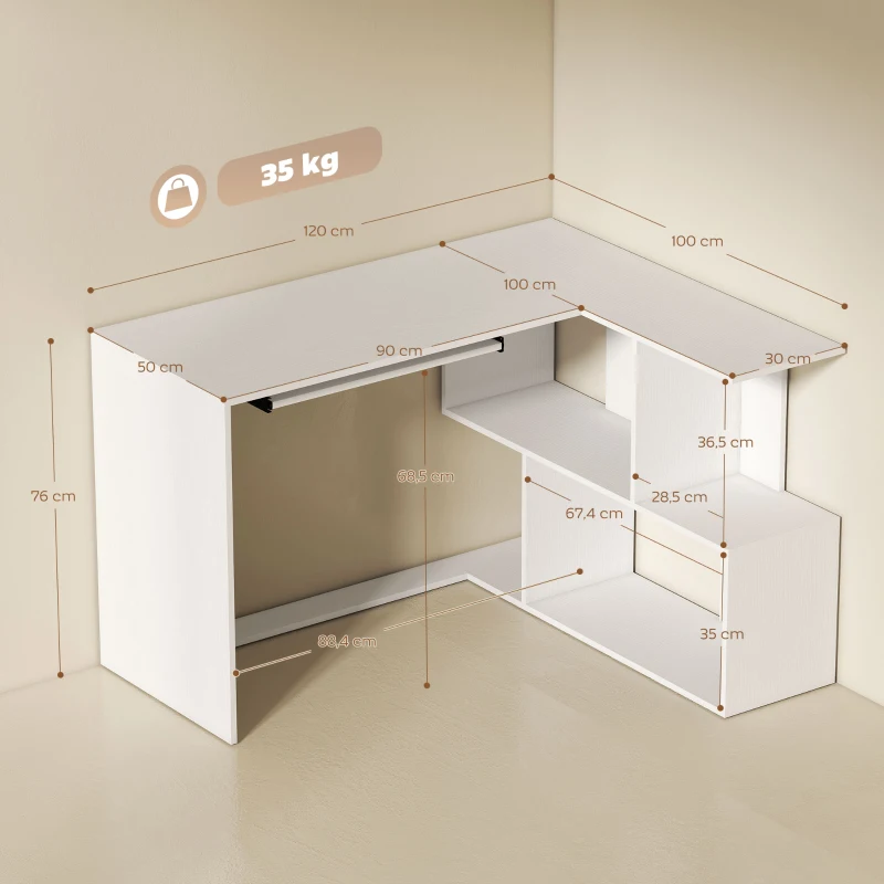 HOMCOM Bureau d'angle bureau en L avec étagères de rangement, plateau à clavier coulissant, 120x100x76cm, blanc