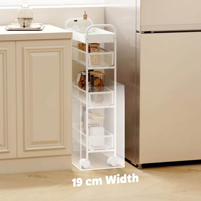 HOMCOM Keukenwagen van metaal, 3 manden, smal ontwerp, 4 wielen, voor keuken, woonkamer, badkamer, wit