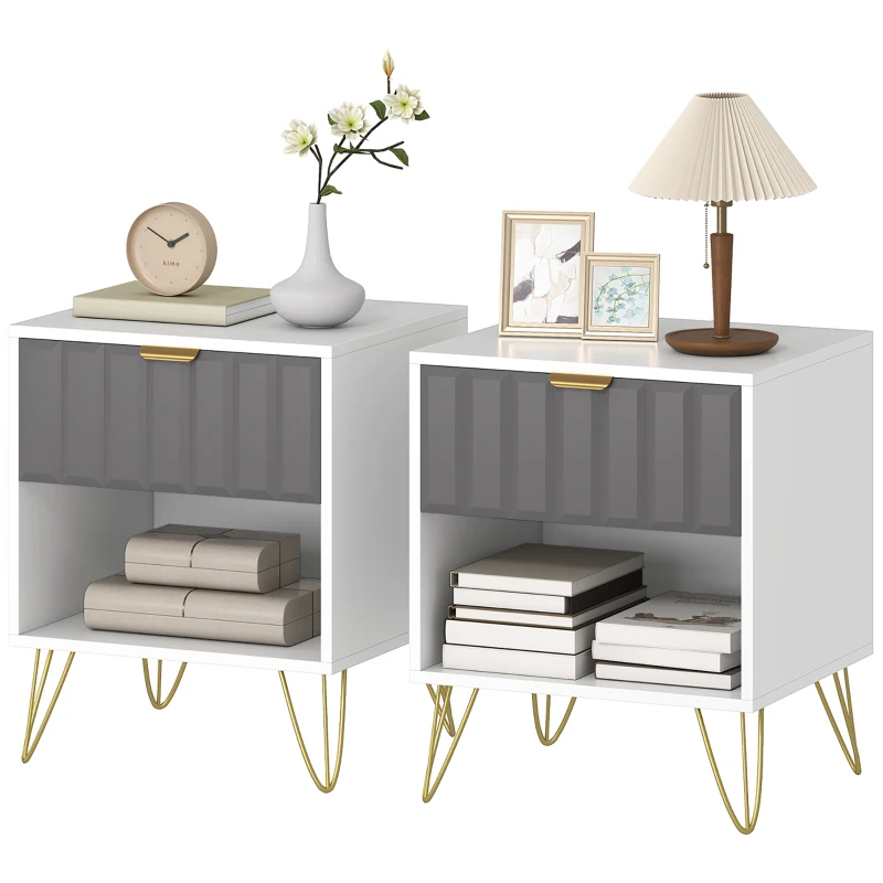 HOMCOM Nachttisch, Beistelltisch mit offenem Fach, Schublade und Griff, Stahlbeine, 45 x 40 x 55, blanc