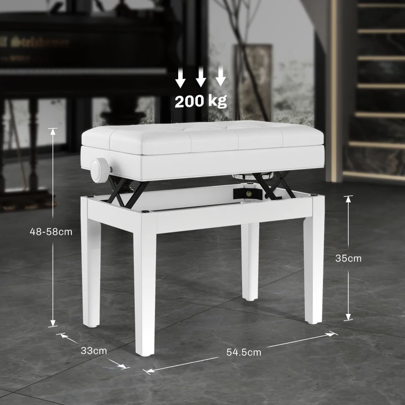 HOMCOM Sgabello Pianoforte Regolabile con Vano Portaoggetti e Seduta Imbottita, 54.5x33x48-58 cm, Bianco