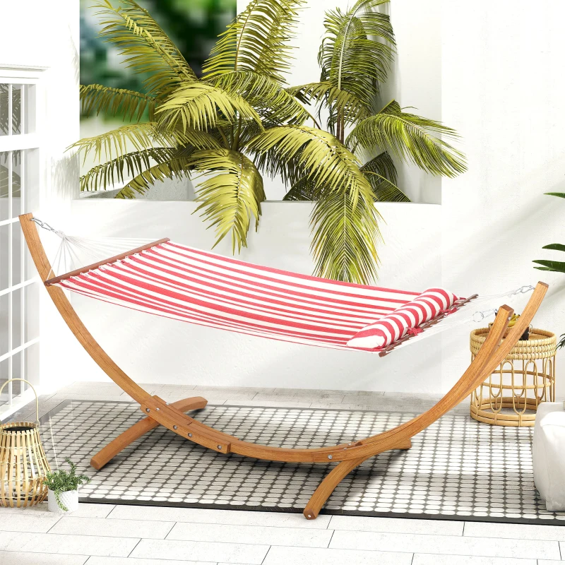 Outsunny Hamac sur pied 1 place, hamac avec support en bois oreiller de tête, lit en coton, 310x118x120cm, rouge et blanche