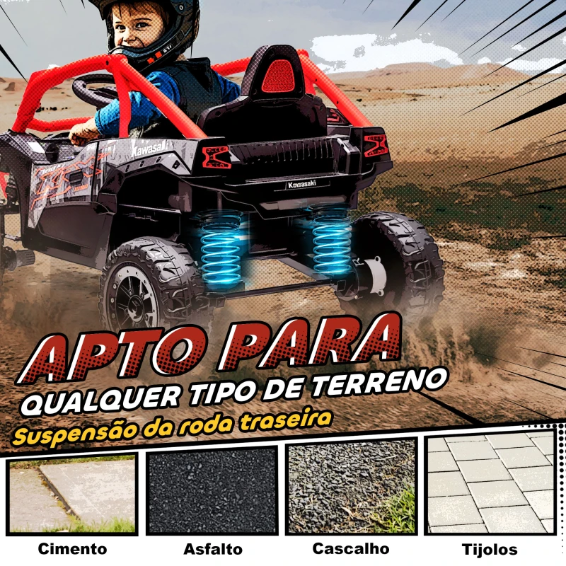 AIYAPLAY Carro Elétrico para Crianças 12V Kawasaki Teryx KRX 1000 com 2 Motores Faróis e USB 100x64x56 cm Vermelho