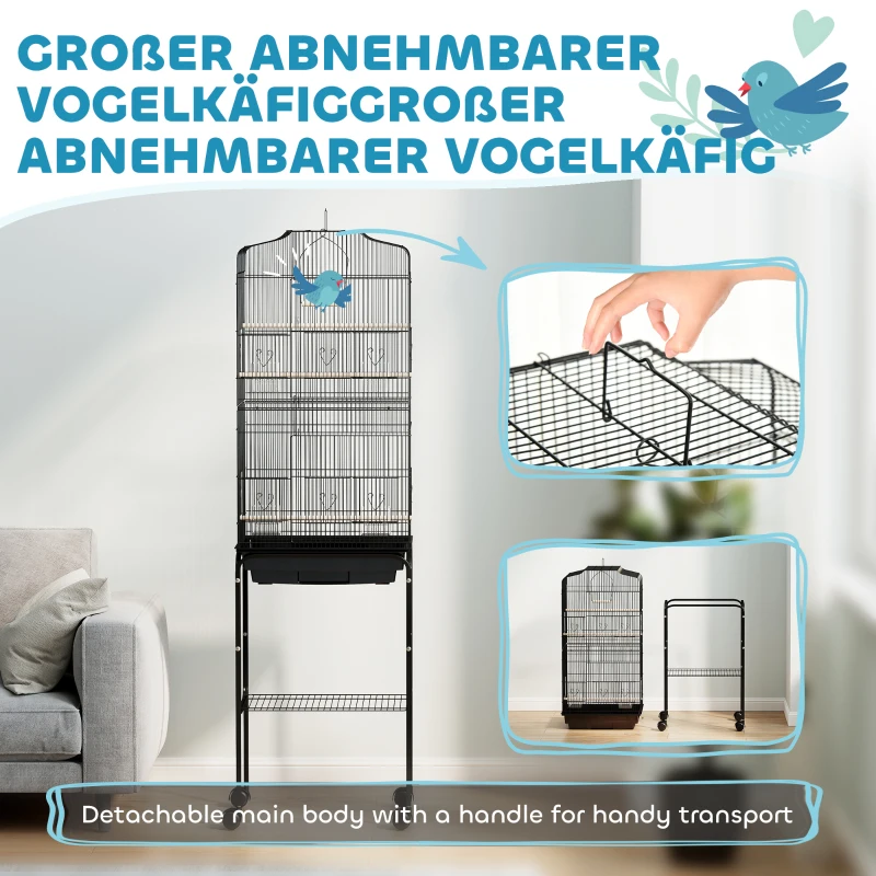 PawHut Vogelkäfig mit Futterbehälter Vogelvoliere Vogelbauer mit Aufbewahrungskorb Holzschaukel Voliere mit Türen Holzstangen für kleine Vögel Metalldraht Schwarz 46,5 x 36 x 157 cm