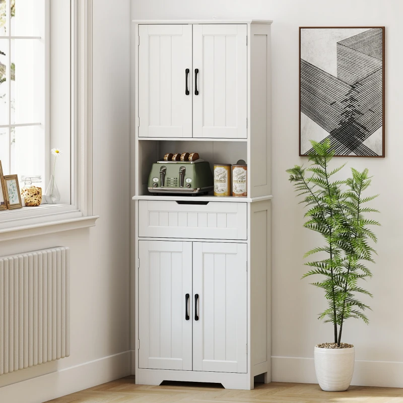 HOMCOM Buffet cuisine, armoire de cuisine avec 4 portes, tiroir, compartiment ouvert et étagères réglables, 60x30x172cm, blanc(m-9)