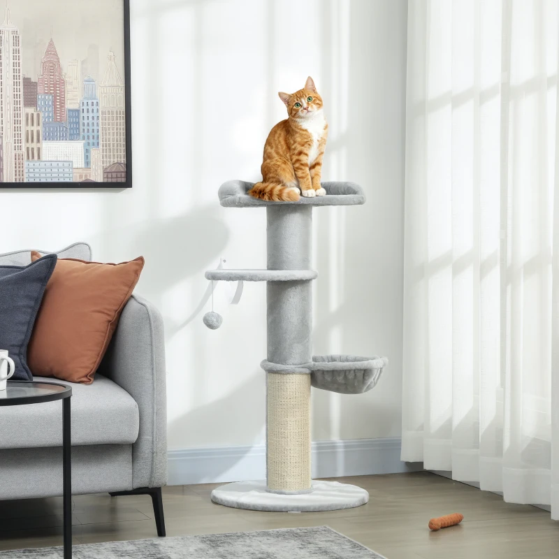 PawHut Arbre à chat tonneau à gratter pour chats griffoir en sisal, hamac, plateforme, balle jouet, Ø 48 x 103,5 cm, gris clair