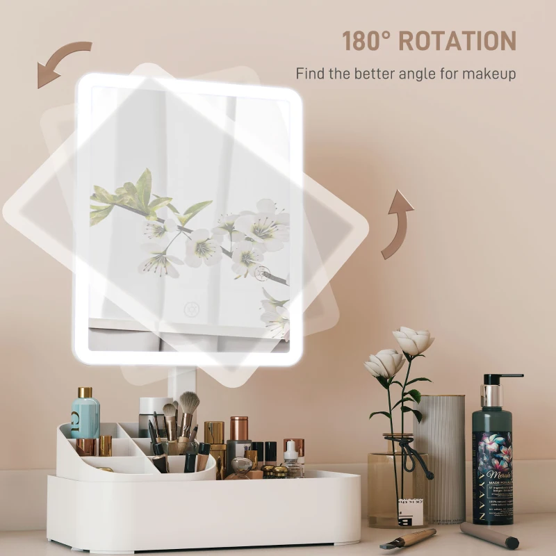 HOMCOM Specchio da Trucco con Luce Regolabile su 2 Livelli, Rotazione 180° e Organizer per Trucchi, Bianco