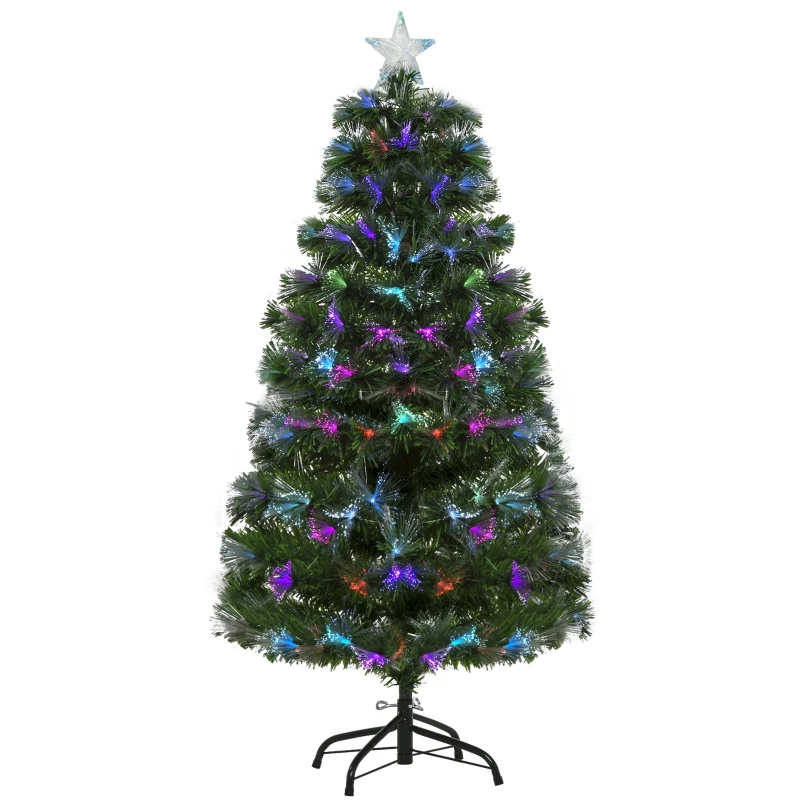 HOMCOM Albero di Natale 120cm con 130 Luci a LED e Fibre Ottiche Colorate, 130 Rami in PVC Ignifughi e Base in Metallo