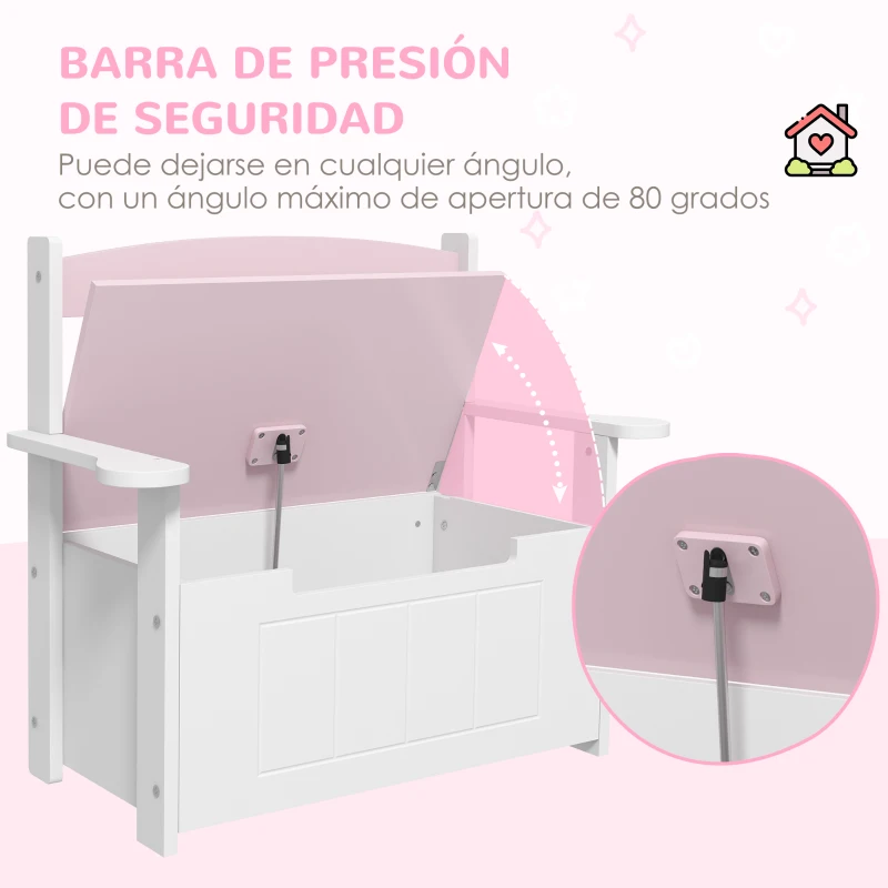 AIYAPLAY Banco Almacenaje para Niños con Respaldo Tapa Amortiguadora Carga 30 kg para Salas de Juego 68,5x34x58 cm Rosa y Blanco