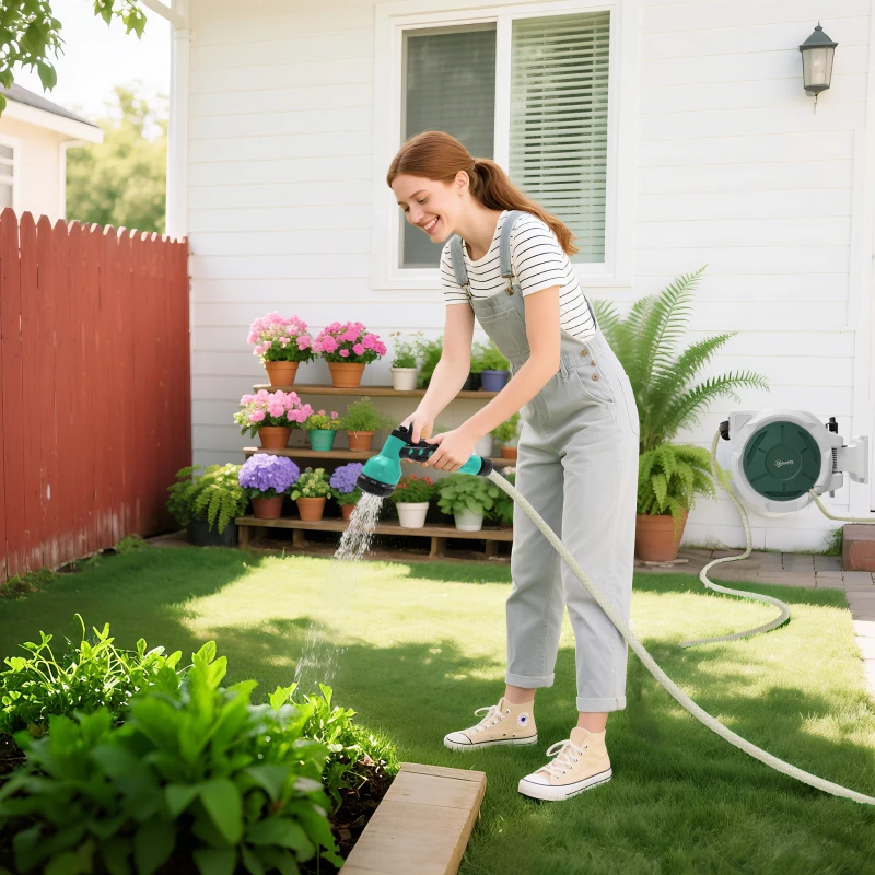Outsunny Retractable Hose Reel Wall Mounted, 30+2m Garden Hose Pipe Reel with Lock, Auto Rewind, 7 in 1 Spray Nozzle, Includes Wall Fixings, 180° Swivel, Outdoor Watering, Grey