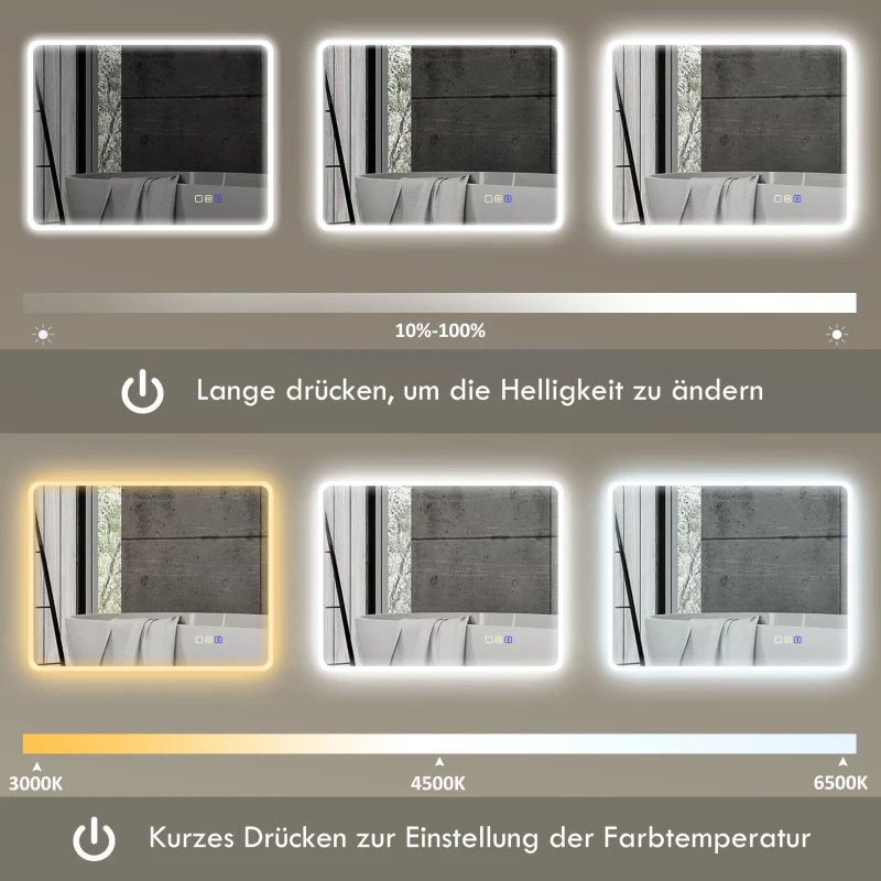 HOMCOM LED-badkamerspiegel met Bluetooth 70 x 90 cm, aanraakschakelaar, verstelbaar licht, 3 kleuren, anti-condens, geheugen, zilver