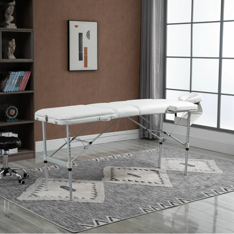 HOMCOM Table de massage 3 zones pliante cosmétique portable charge max. 225 Kg hauteur réglable cadre en alliage blanc