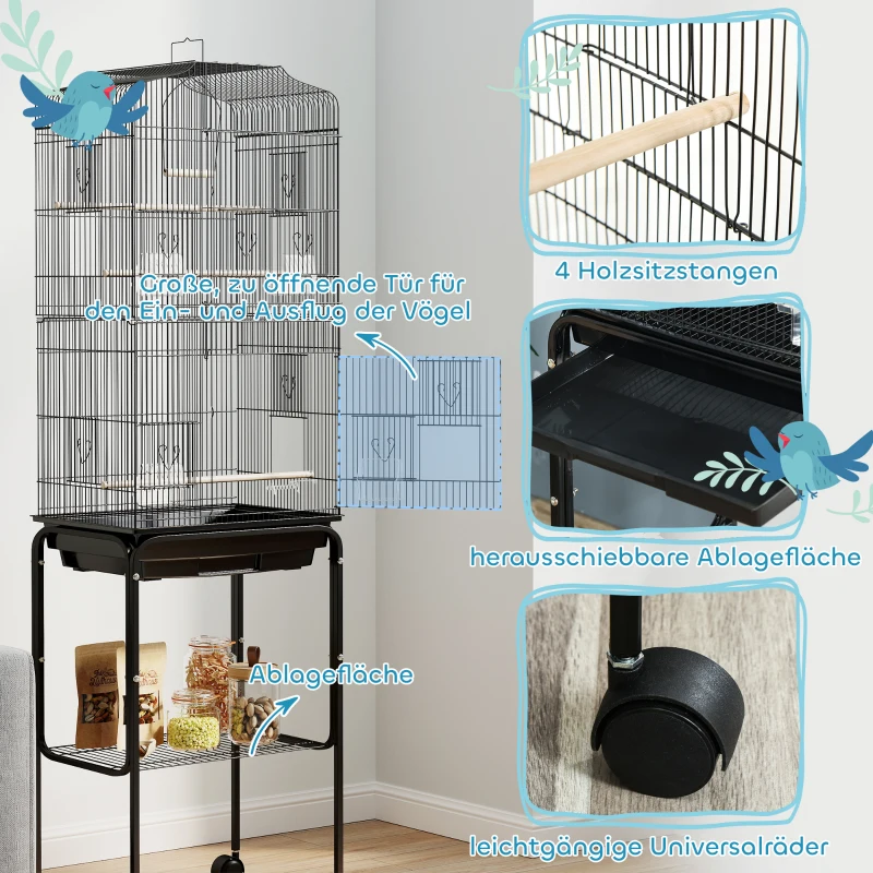 PawHut Vogelkäfig mit Futterbehälter Vogelvoliere Vogelbauer mit Aufbewahrungskorb Holzschaukel Voliere mit Türen Holzstangen für kleine Vögel Metalldraht Schwarz 46,5 x 36 x 157 cm