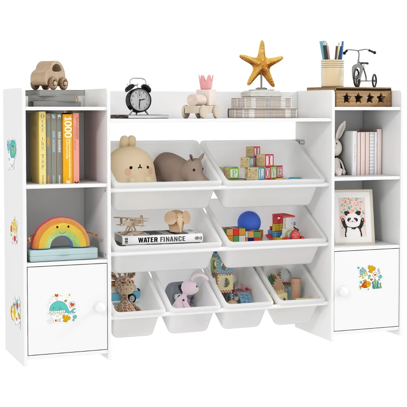 AIYAPLAY Kids Toy Organizers and Storage with 8 Removable Storage Bins and Bookshelf, White