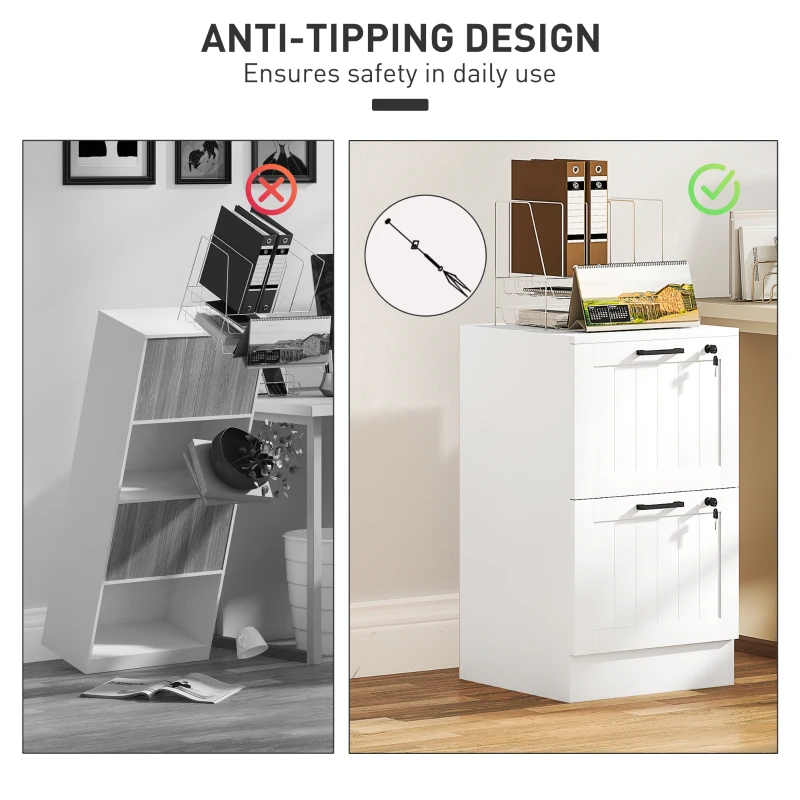 HOMCOM 2 Drawer Filing Cabinet with Lock, Office Storage Cabinet with Adjustable Hanging Bars for A4 Letter Size Files, White