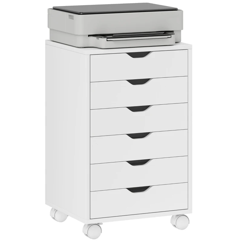 HOMCOM Meuble à tiroirs de bureau 6 tiroirs avec 4 roues et frein, 40x35x63 cm, Blanc