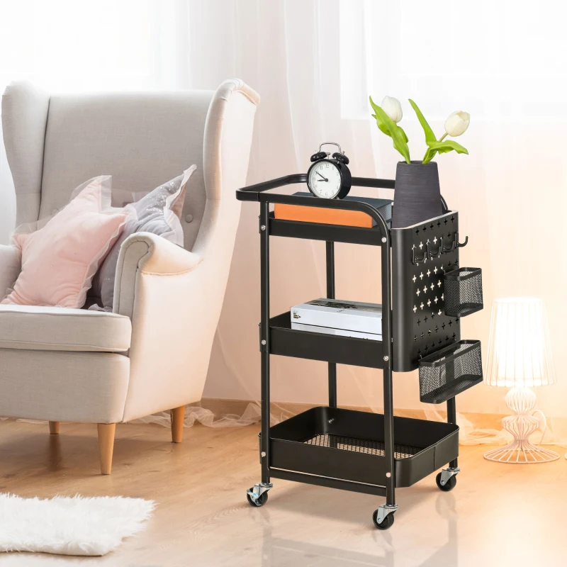 HOMCOM Desserte chariot de rangement pour bureau en métal chariot de service à roulettes 3 niveaux avec 2 range-couverts 4 crochets dim.51,5L x 32l x 75,6H cm - noir