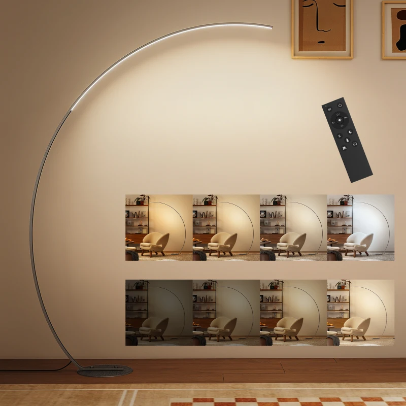 HOMCOM Lampada da Terra ad Arco Alta 172 cm a LED con Telecomando e Regolazione della Luminosità, Argento