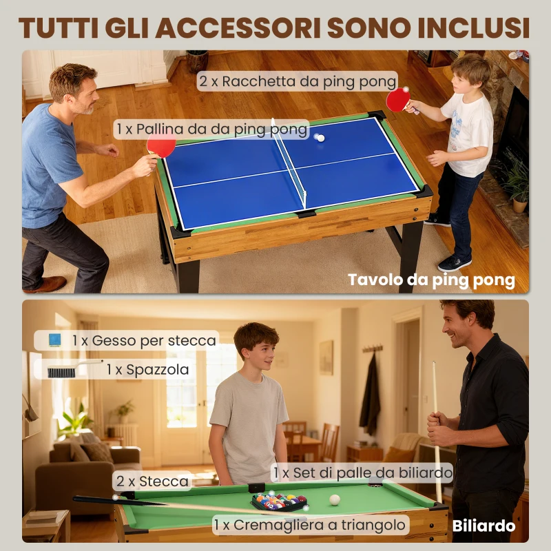 SPORTNOW Tavolo da Gioco 13 in 1 con Calciobalilla, Ping Pong, Air Hockey, Biliardo, Scacchi e Altri, Noce