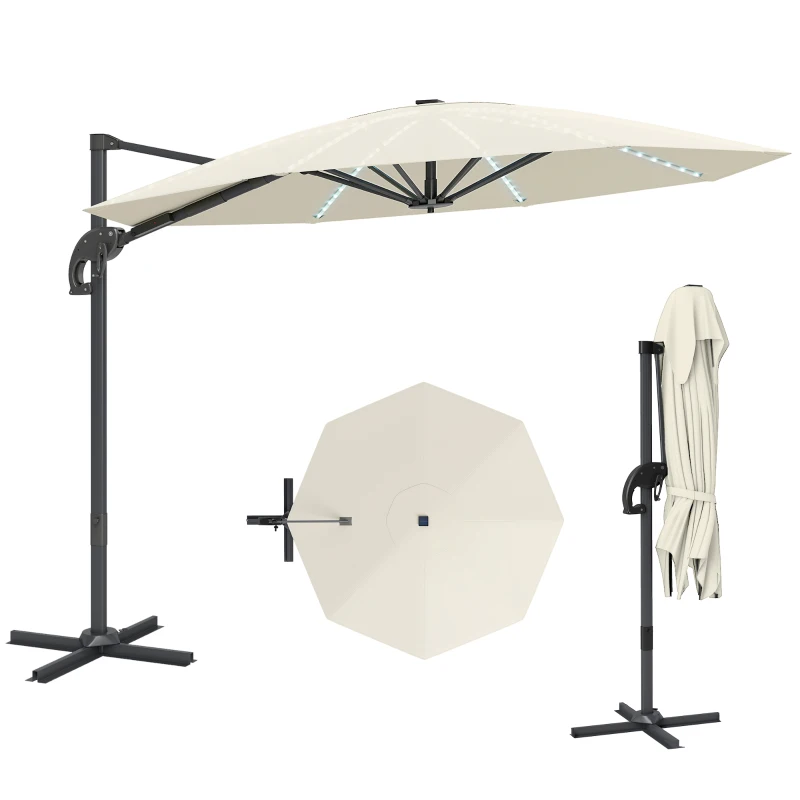 Outsunny 3(m) Cantilever Garden Parasol with Solar Powered Lights, Crank Handle & Cross Base, UPF 50+, 360° Rotation, Cream