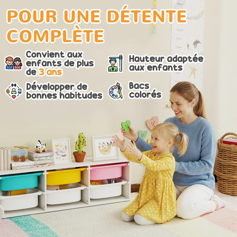 AIYAPLAY Meuble rangement enfant à 2 niveaux, étagère de rangement pour jouets enfants avec 6 bacs amovibles, 97x21x29cm, blanc
