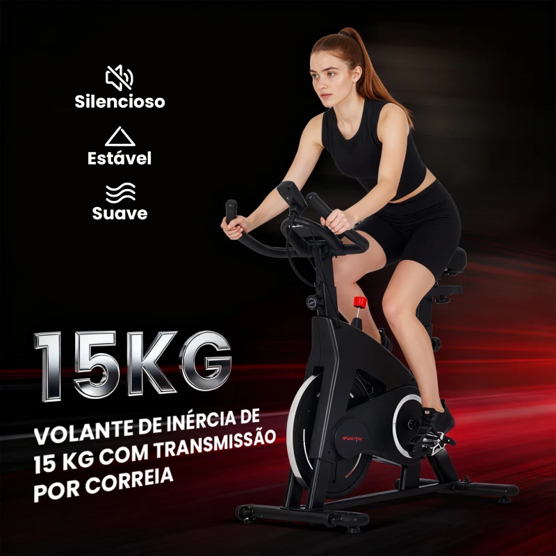 SPORTNOW Bicicleta Estática Bicicleta Fitness com Volante de Inércia de 15 kg Ecrã LED Guiador e Assento Ajustável 108x53x111 cm Preto