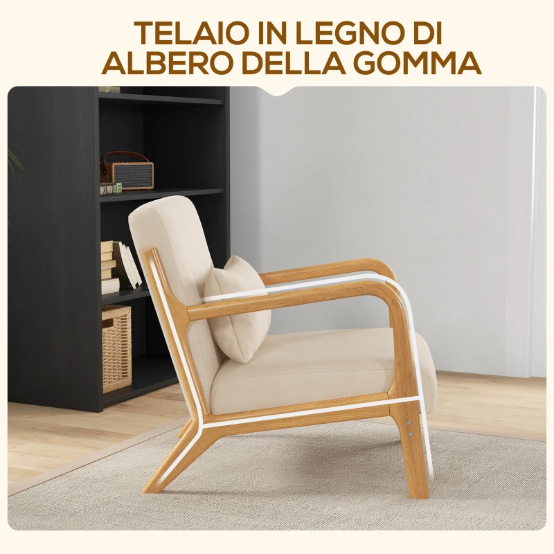 HOMCOM Poltroncina in Velluto con Struttura in Legno, Imbottitura con Molle a S e Cuscino, 61x78x76 cm, Beige