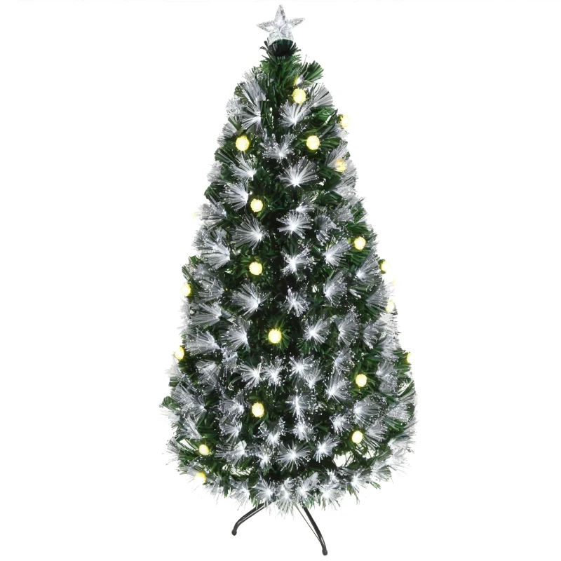 HOMCOM Albero di Natale Artificiale 120cm con Luci Incorporate e 130 Rami, Albero di Natale con Luci a LED e Fibre Ottiche, Base Pieghevole Rimovibile